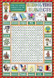 English Worksheet: SCHOOL SUBJECTS PICTIONARY + WORDSEARCH