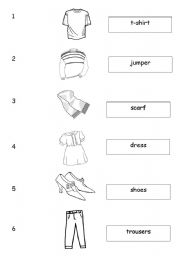 English worksheet: Clothes (listening) match-up activity. Easy and harder version.