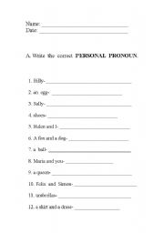 English worksheet: PERSONAL PRONOUNS