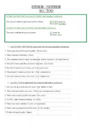 English Worksheet: Neither Either / So Too