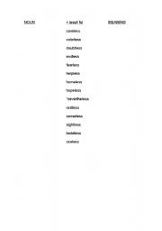 English worksheet: -less and -ness ending words