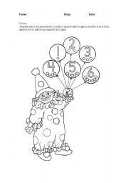English Worksheet: Clown to colour (colours and numbers)