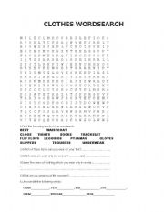 English Worksheet: clothes wordsearch+activities