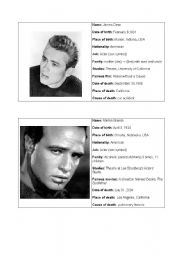 English Worksheet: Dead celebrities biographies part I