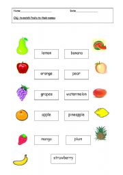 English Worksheet: Fruit Matching