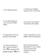 English worksheet: Alex Wong murder mystery