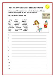 English worksheet: Personality adjectives - written descriptions for a partner to guess