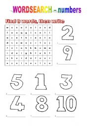 wordsearch numbers 1 - 10 