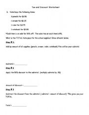 English Worksheet: Figuring Tax and Discounts