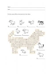 English Worksheet: Animals - find the name and write