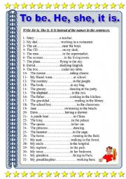 English Worksheet: to be. Write he, she, it, is instead of the names.