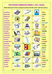 English Worksheet: Two-word compound nouns (v+ ing + noun) + key