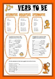 English Worksheet: VERB TO BE WITH GARFIELD - EDITABLE - KEY INCLUDED