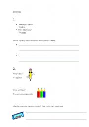 English worksheet: Questions review - Whats your name? Whats this? Colours