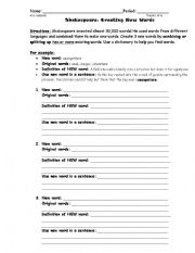 English worksheet: Shakespeare-Create a new word