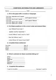 English Worksheet: countries, nationalities and languages