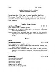 English Worksheet: Reading Response Rubric- Mufaro´s Beautiful Daughters