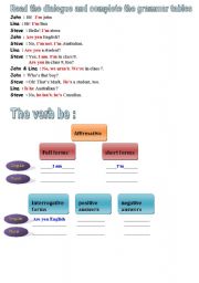 English worksheet: Grammar : verb TO BE