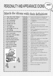 English Worksheet: personality and appearance idioms