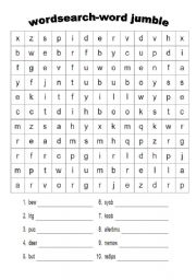 English worksheet: wordsearch and word jumble