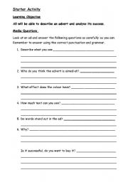 English Worksheet: Advert / Media questions