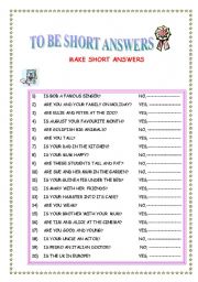 English Worksheet: TO BE SHORT ANSWERS