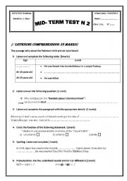 English Worksheet: mid-term test n2 for 2nd year pupils