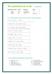 English Worksheet: Wh-questions and To Be with Answer Key