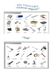 English Worksheet: Word Pictionary - School objects and Tools