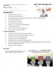 English worksheet: Mark Twain Scavenger Hunt