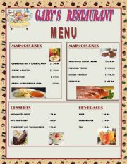 English Worksheet: MENU OF GABYS RESTAURANT