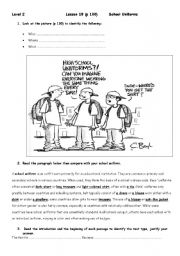 English Worksheet:  Level 2, lesson 18 : School Uniforms