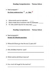 English Worksheet: Thomas Edison