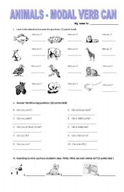 English Worksheet: Animals Modal Verb Can