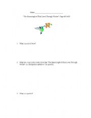 English Worksheet: The Hummingbird That Lived Through Winter