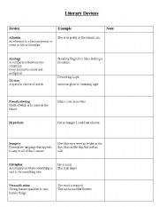 English Worksheet: Literary Devices Chart