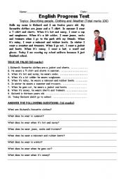 English Worksheet: English progress test - Describing people weather and feelings