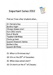 English worksheet: Important Dates 2012