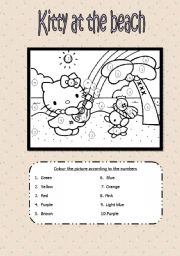 English Worksheet: COLOURING HELLO KITTY AT THE BEACH