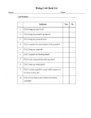 English Worksheet: Biology Lab Checklist