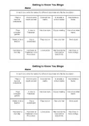 English worksheet: Getting to know you bingo!