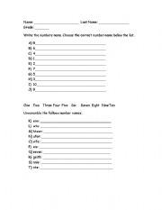 English worksheet: Numbers 1 to 10