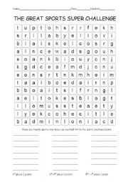 English Worksheet: 20 Sports Word Search