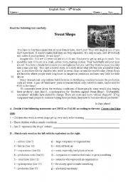 English Worksheet: Test (Sweat shops) 8th grade (With Key)