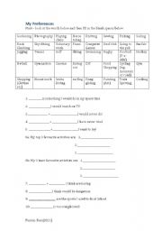 English Worksheet: My preferences (hobbies)