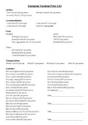 English Worksheet: Planning a Vacation Price List