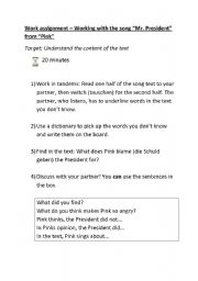 English worksheet: Pink - Mr President - Working with the Song