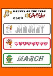 English Worksheet: MONTHS OF THE YEAR WITH GARFIELD - SET 1 - 12 FLASHCARDS - 4 PAGES - EDITABLE