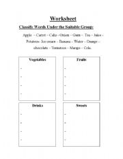 English Worksheet: fruits ,vegetables and drinks