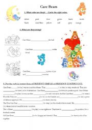 English Worksheet: Care Bears - Present Simple and Present Continuous